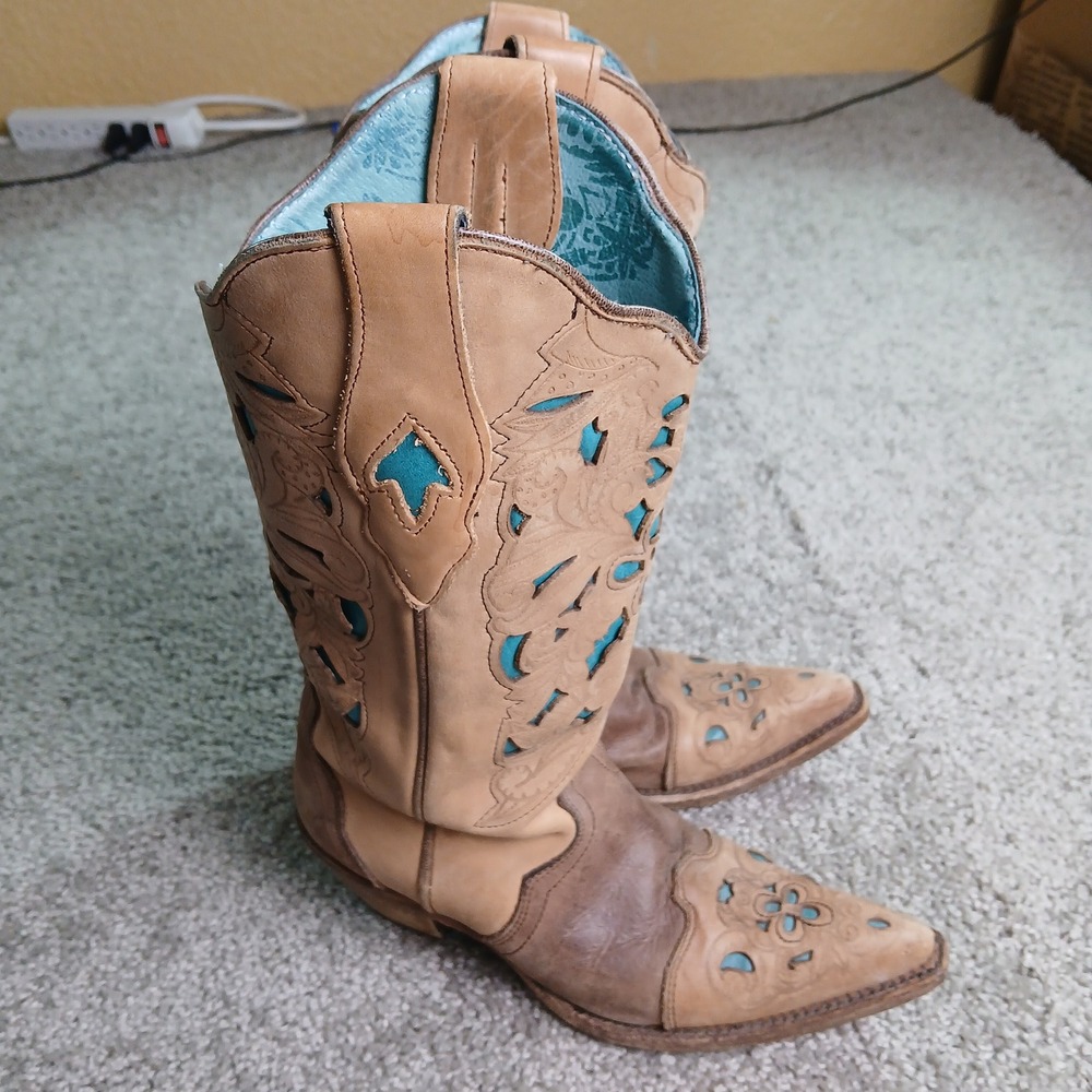 Corral Vintage Tan Brown Turquoise Inlay Leather Western Cowboy Boots Size 6M